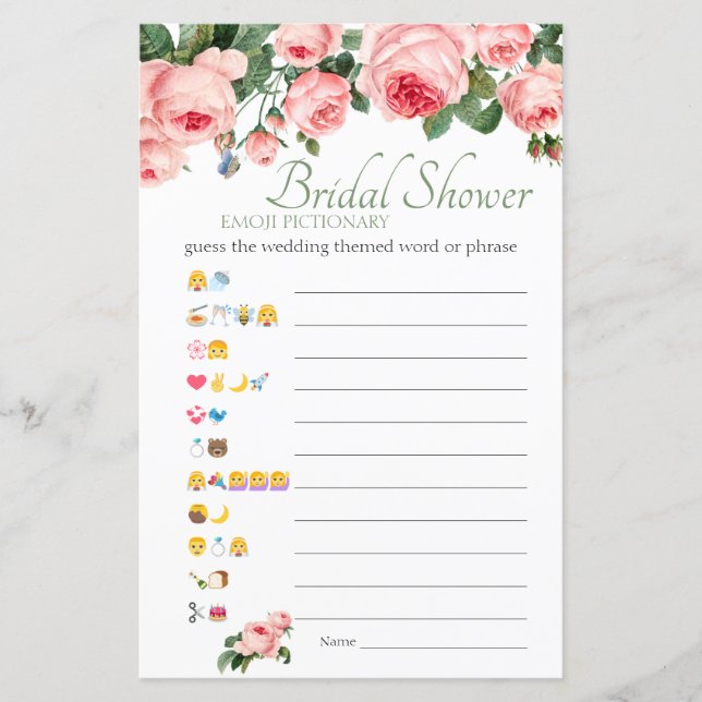 Bridal Shower Game Emoji Pictionary Blushing Rose (Front)