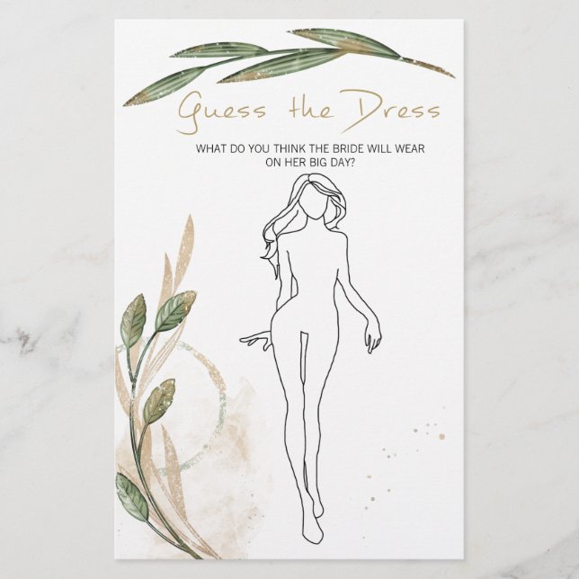 Bridal Shower Game Gold Sage Guess the Dress Card (Front)