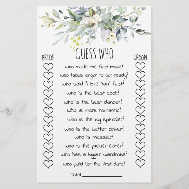 Bridal Shower Game Guess Who Card (Front)