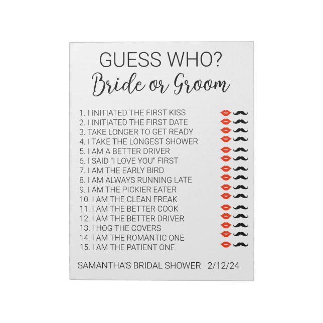Bridal Shower Game Guess Who  Notepad (Rotated)