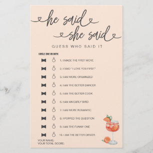 Bridal Shower Game He Said She Said Guess