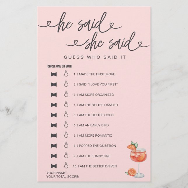 Bridal Shower Game He Said She Said Guess (Front)