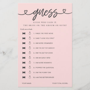 Bridal Shower Game He Said She Said Guess