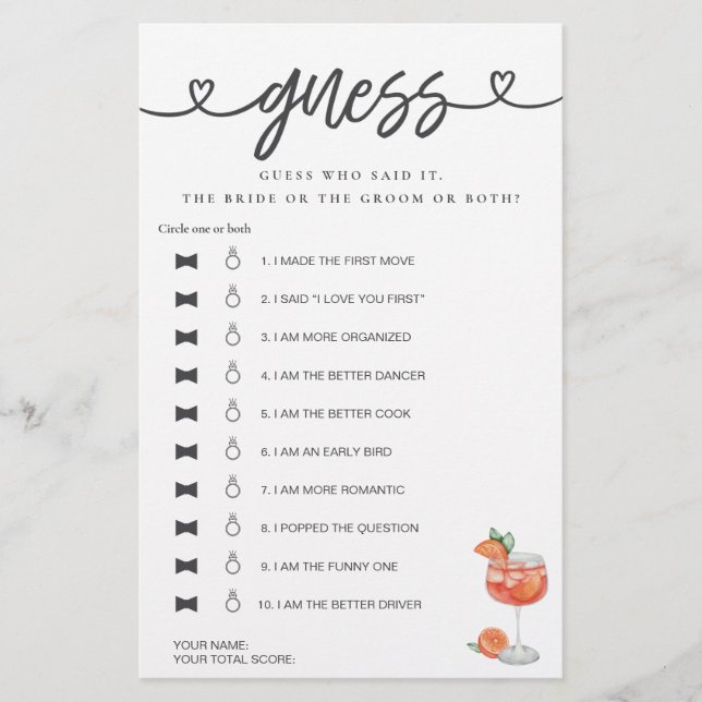 Bridal Shower Game He Said She Said Guess Aperol  (Front)