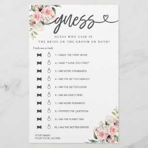 Bridal Shower Game He Said She Said Guess Roses