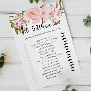 Bridal Shower Game He Said She Said Pink Roses