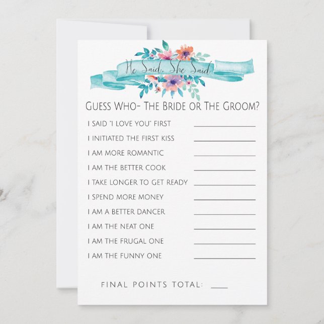 Bridal Shower Game Invitation (Back)