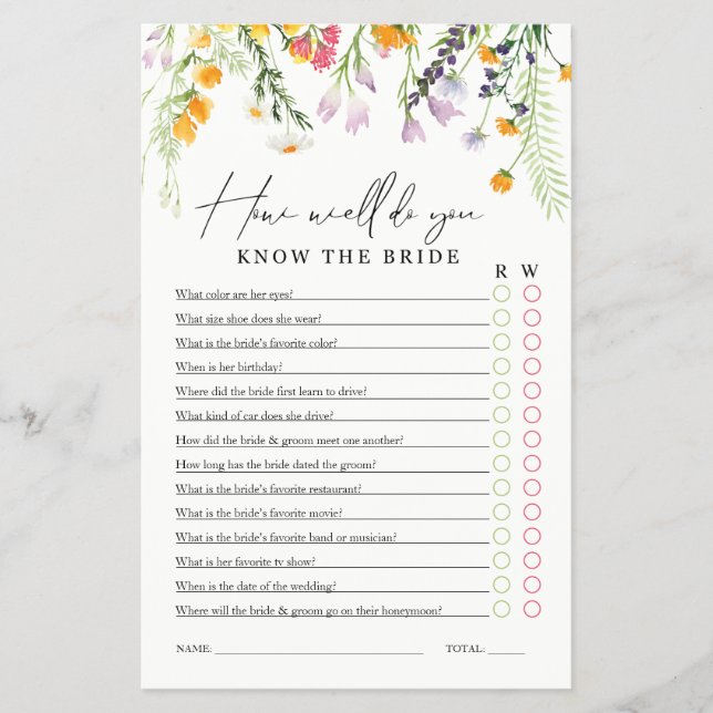 Bridal Shower Game Know the Bride Wildflowers Flye Flyer (Front)