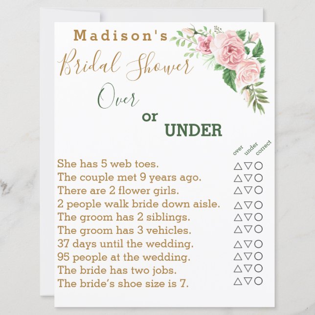 Bridal Shower Game 🌸 Over or Under Challenge (Front)