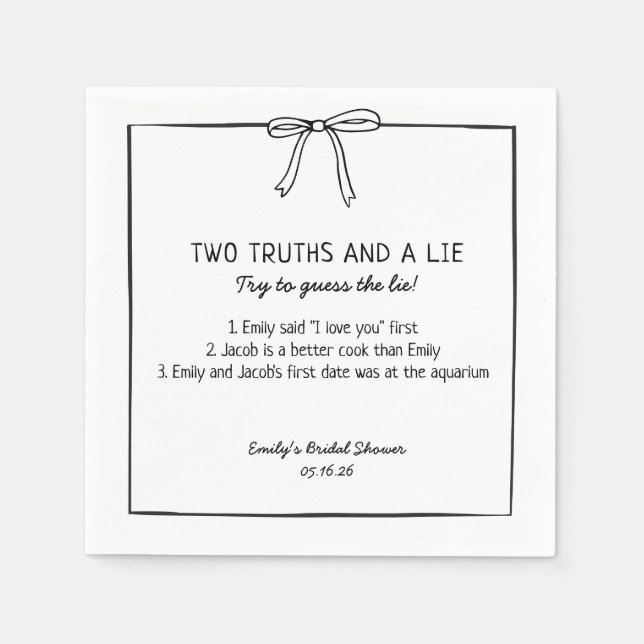 Bridal Shower Game "Two Truths and a Lie" Fun Fact Napkin (Front)