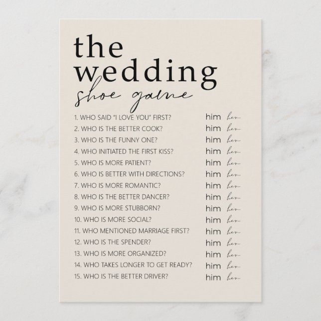 Bridal Shower Game - Wedding Shoe Game Programme (Front)