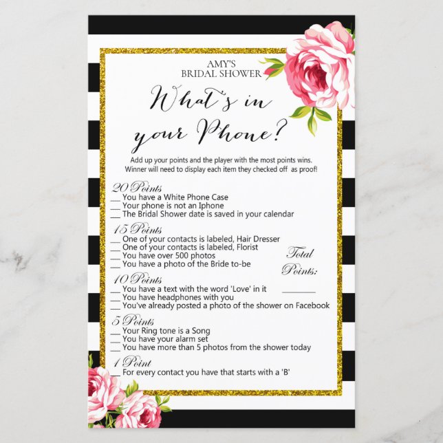 Bridal Shower Game - What's in your Phone (Front)
