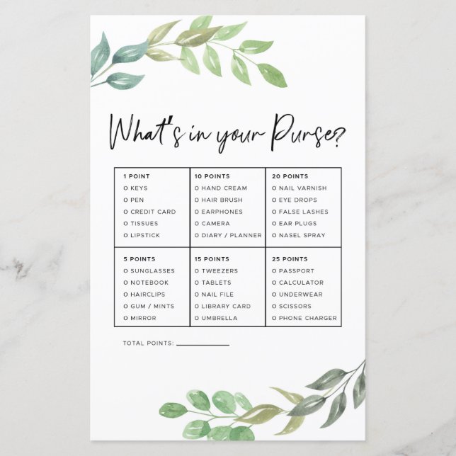Bridal Shower Game What's In Your Purse Greenery (Front)
