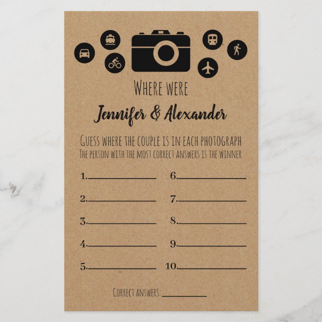 Bridal Shower Game Where Were They Card (Front)