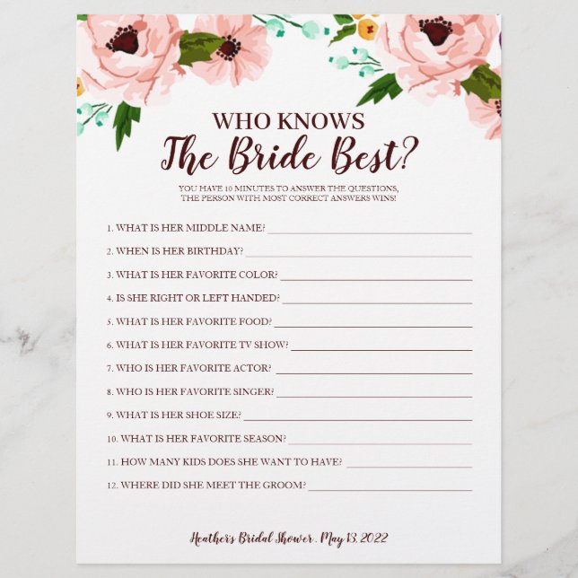 Bridal Shower Game Who Knows Bride Floral (Front)