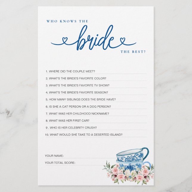 Bridal Shower Game Who Knows the Bride the Best? (Front)