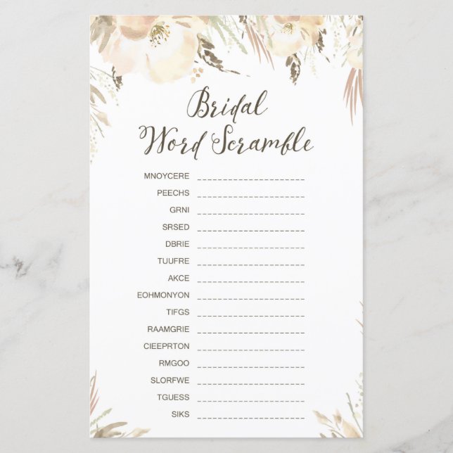 Bridal Shower Game - Word Scramble (Front)