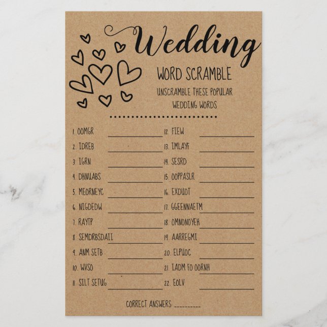 Bridal Shower Game Word Scramble Card (Front)