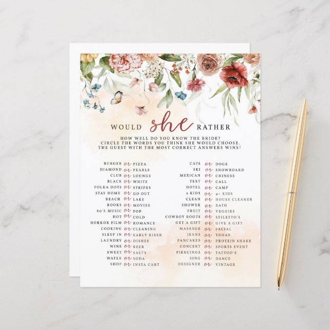 Bridal Shower Game, Would She Rather (Front/Back In Situ)