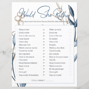 Bridal Shower Game Would She Rather Blue Gold