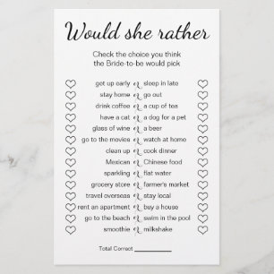 Bridal Shower Game Would She Rather Card