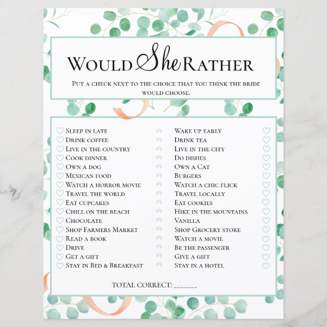 Bridal Shower Game Would She Rather Eucalyptus (Front)