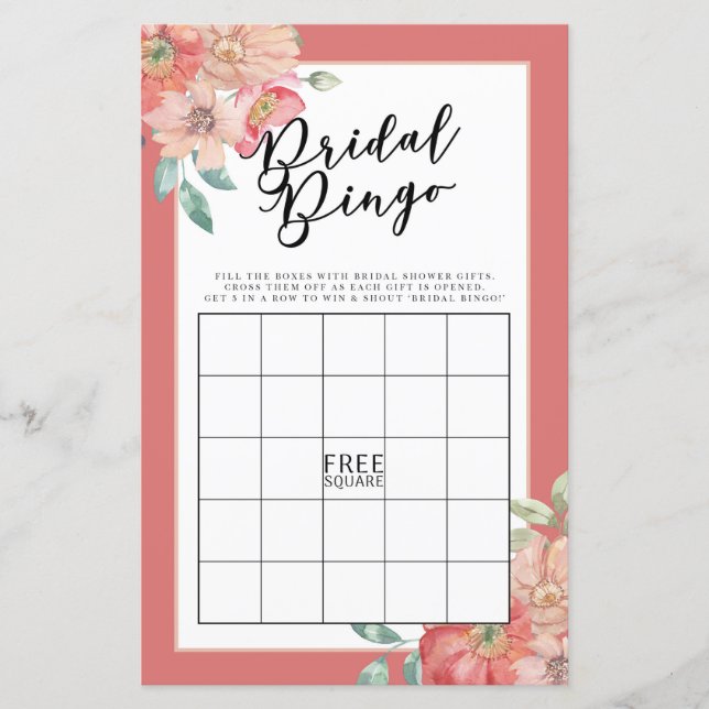 Bridal Shower Games Bingo Game Wedding Pink Floral (Front)