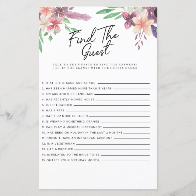 Bridal Shower Games Find The Guest Game Floral (Front)