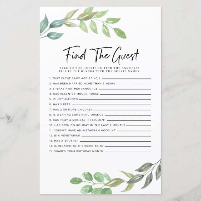 Bridal Shower Games Find The Guest Game Greenery (Front)