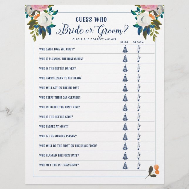 Bridal Shower Games Guess Who Bride or Groom Game (Front)