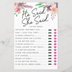 Bridal Shower Games He Said She Said Game Floral