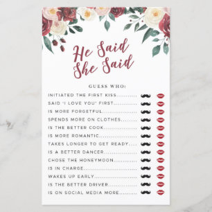 Bridal Shower Games He Said She Said Game Floral