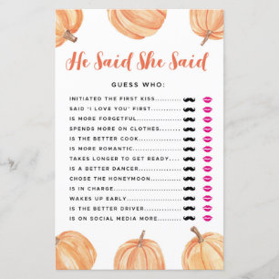 Bridal Shower Games He Said She Said Pumpkin