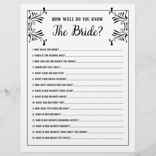 Bridal Shower Games How Well Do You Know The Bride (Front)