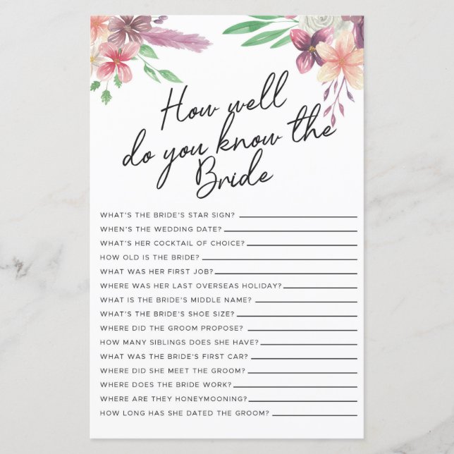 Bridal Shower Games How Well Do You Know The Bride (Front)