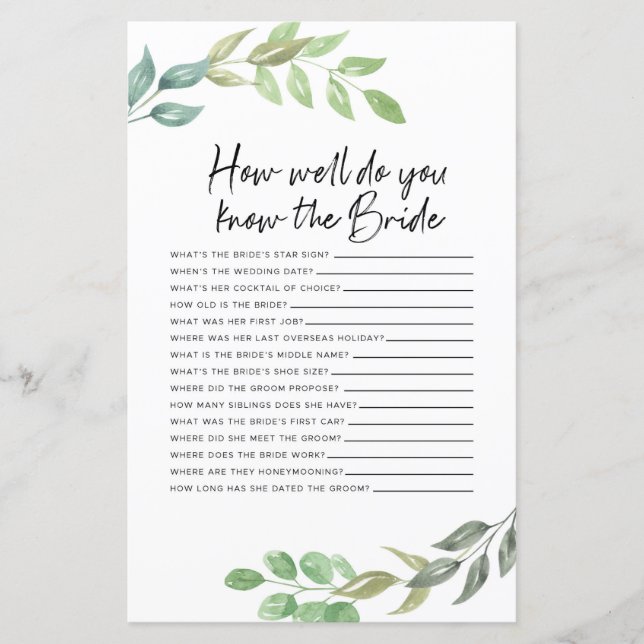 Bridal Shower Games How Well Do You Know The Bride (Front)