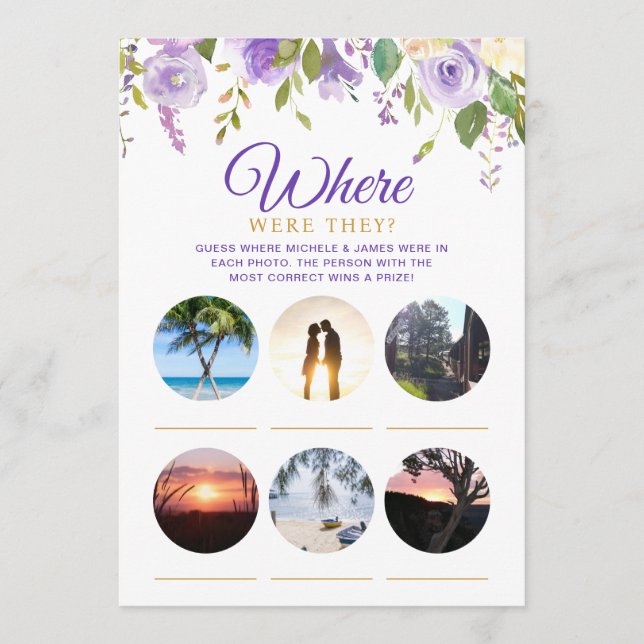 Bridal Shower Games Purple Floral Photo Card (Front)