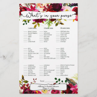 Bridal Shower Games purse / bingo, burgundy floral