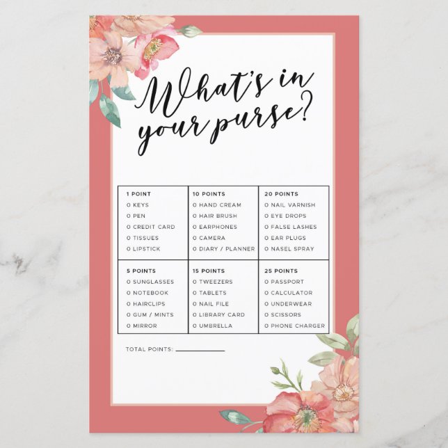 Bridal Shower Games What's In Your Purse Game Pink (Front)