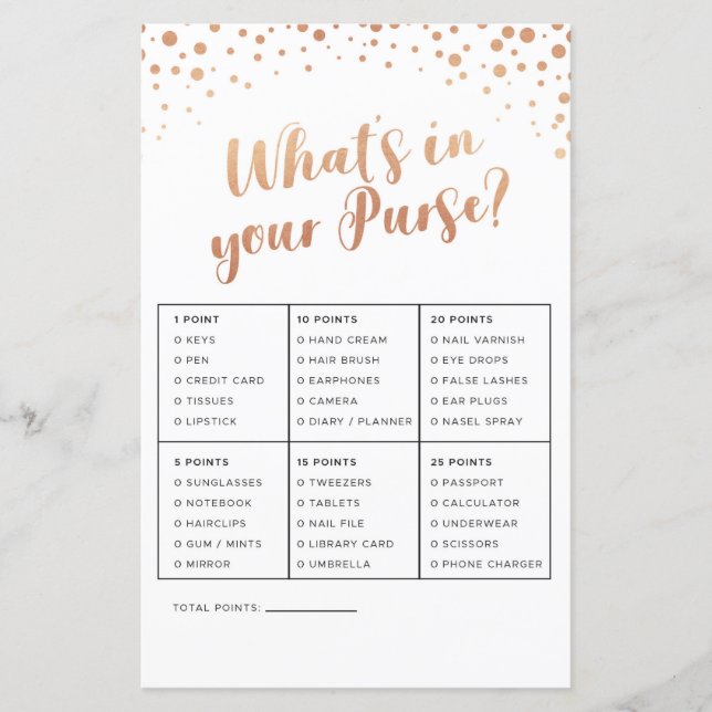 Bridal Shower Games What's In Your Purse Game Rose (Front)