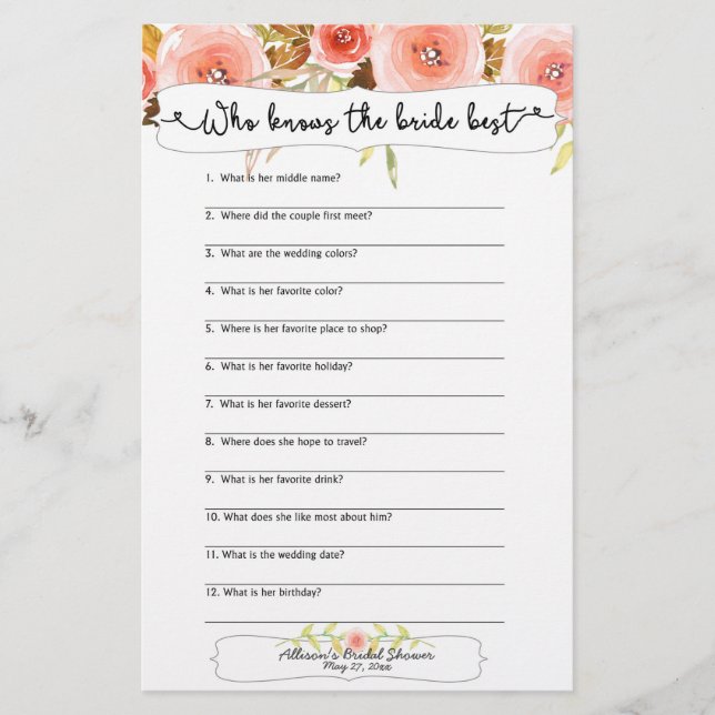 Bridal Shower Games who knows the bride best (Front)