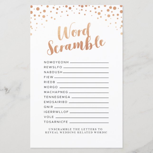Bridal Shower Games Word Scramble Rose Gold Game (Front)