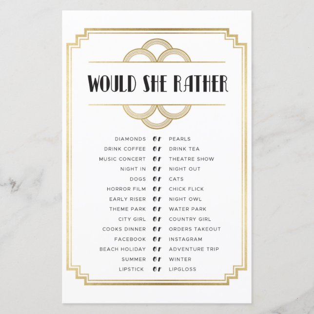 Bridal Shower Games Would She Rather Game Art Deco (Front)