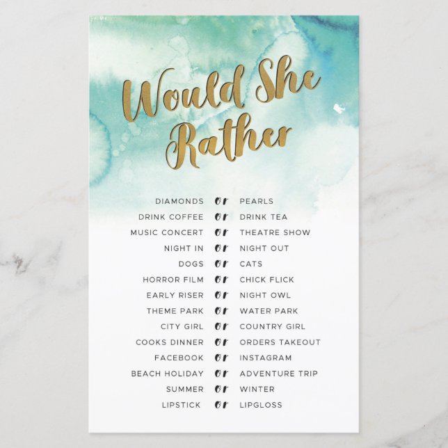 Bridal Shower Games Would She Rather Game Gold (Front)