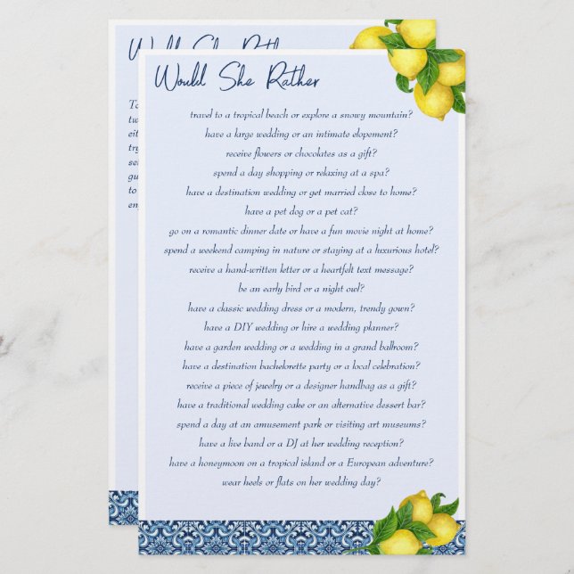 Bridal shower games Would she rather game Stationery (Front/Back)