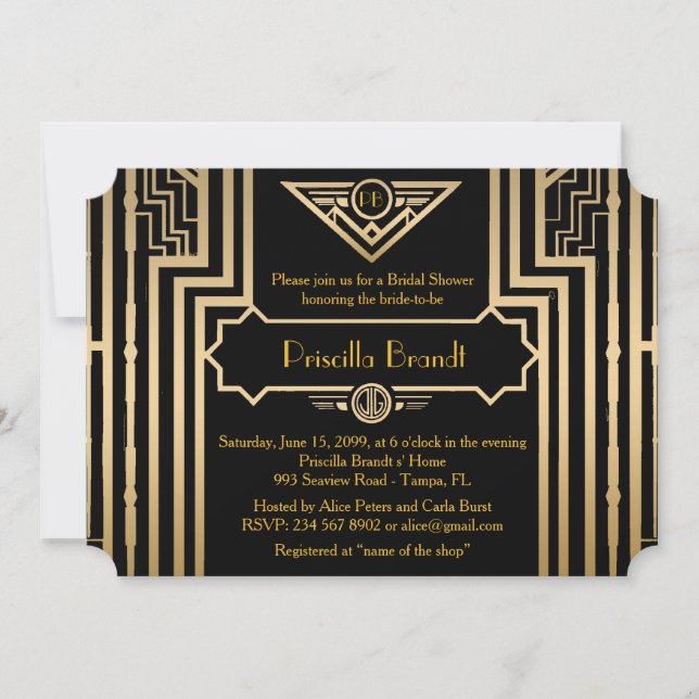 Bridal Shower, Gatsby style, black & gold Invitation (Front)