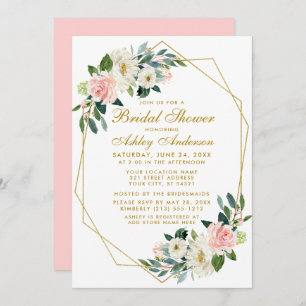Bridal Shower Geometric Frame Pink Floral Invite