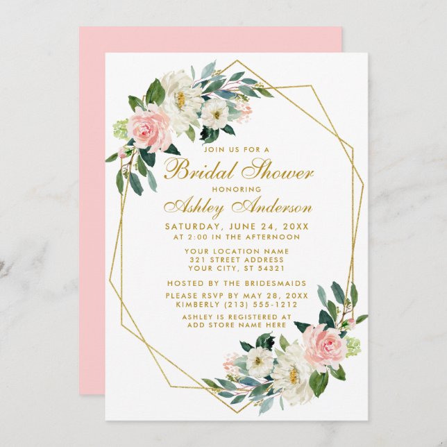 Bridal Shower Geometric Frame Pink Floral Invite (Front/Back)