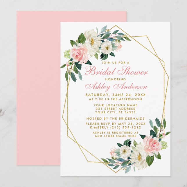 Bridal Shower Geometric Frame Pink Floral Invite P (Front/Back)