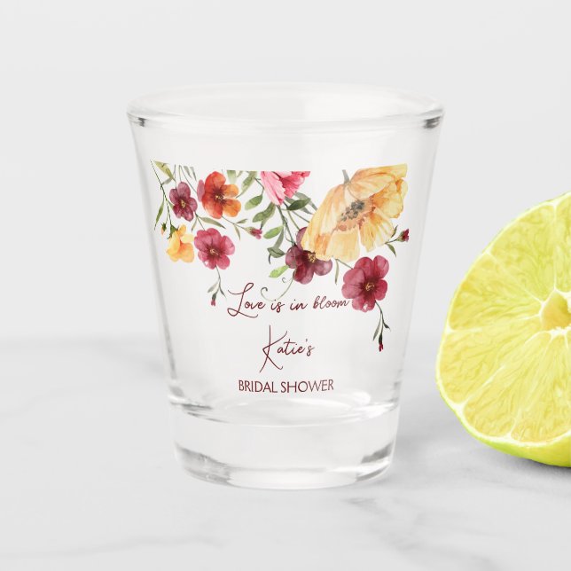 Bridal shower gifts burgundy wildflowers   shot glass (Front)